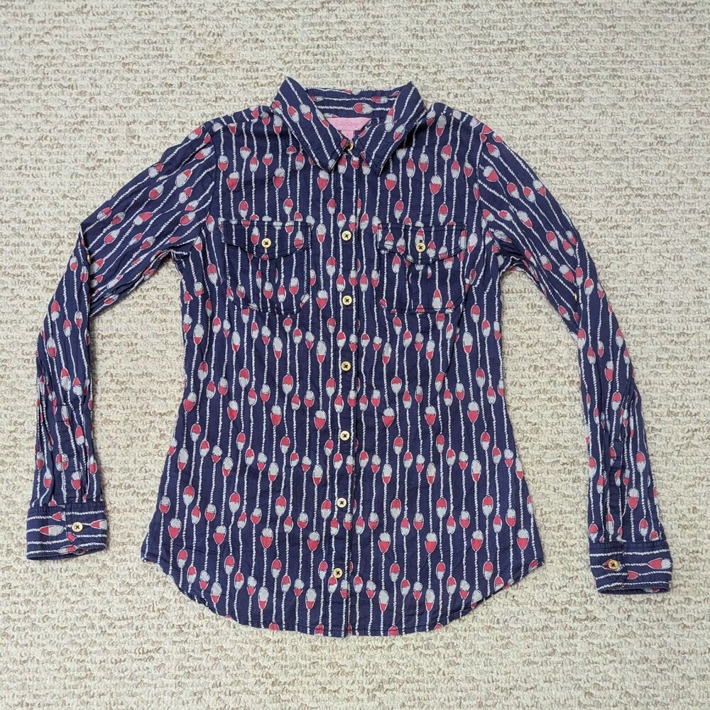 Lilly Pulitzer Womens Sz 4 Nautical Print Navy Blouse Preppy Resort Whimsical